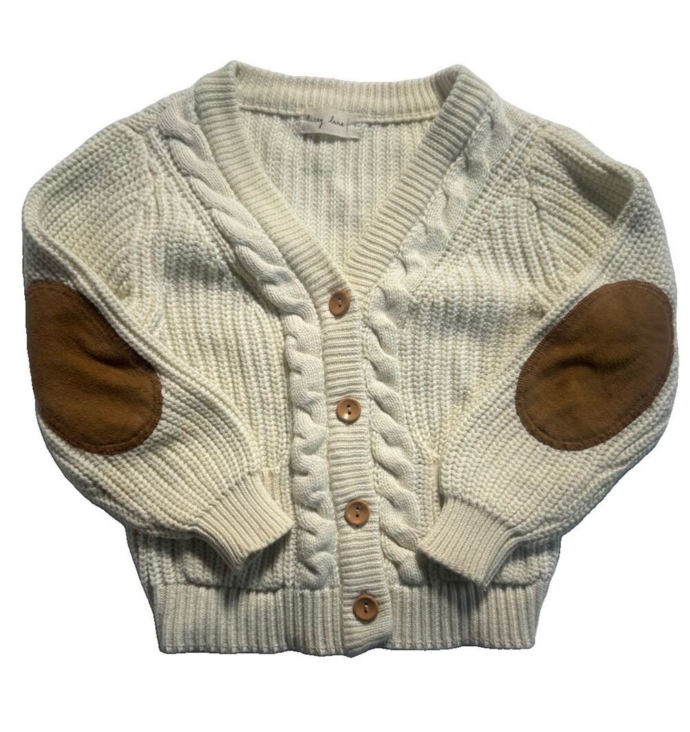 Lacey Lane Size 2 Cream Cable Knit Cardigan Brown Elbow Patches 100% Cotton